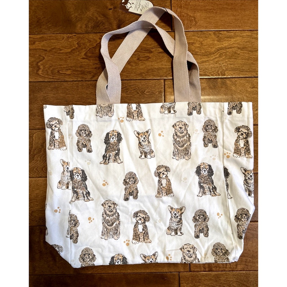 Tote Bag All Over Dog Print Tote Canvas Bag Double Handles Ivory Interior Pocket - Picture 6 of 9